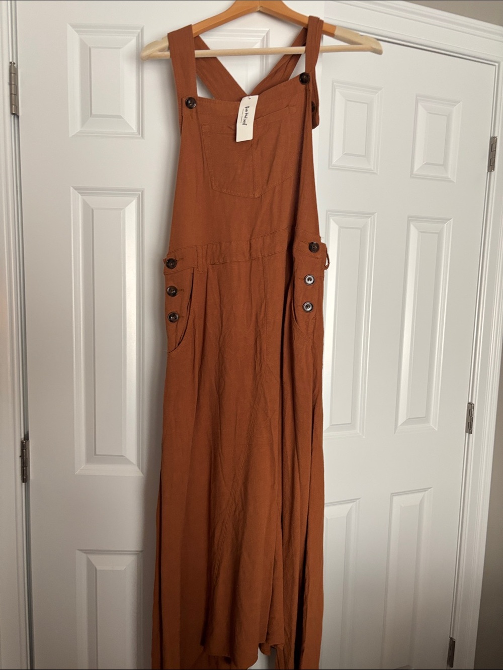 Three Bird Nest Rust Brown Midi Overall Dress